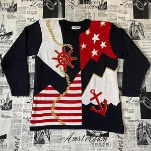 Alfred Dunner Women's Navy blue red white sailor colorblock sweater vintage 80s